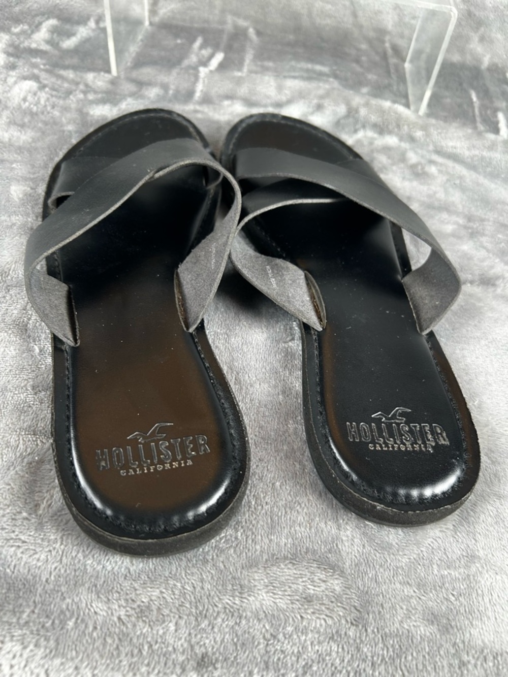 Hollister Leather Slides Womens Large 9/10 Runs Narrow Black Slip On Flat Sandal - Picture 5 of 10